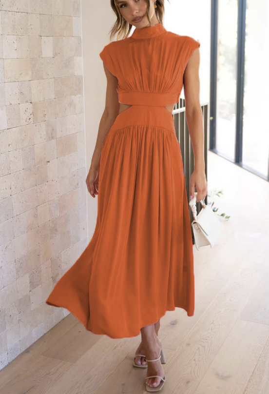 TARA | PLEATED DRESS WITH HIGH NECK