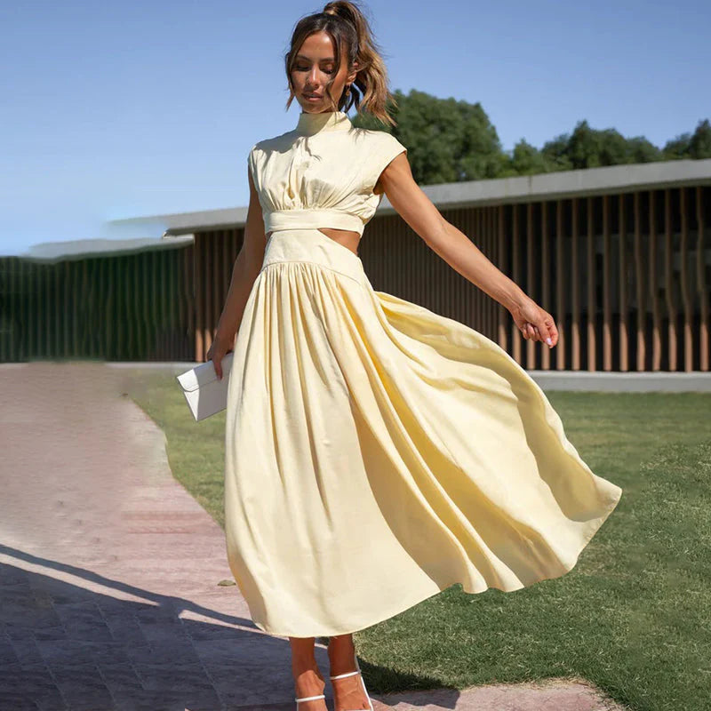 TARA | PLEATED DRESS WITH HIGH NECK