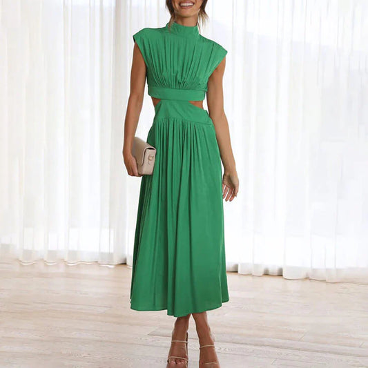 TARA | PLEATED DRESS WITH HIGH NECK